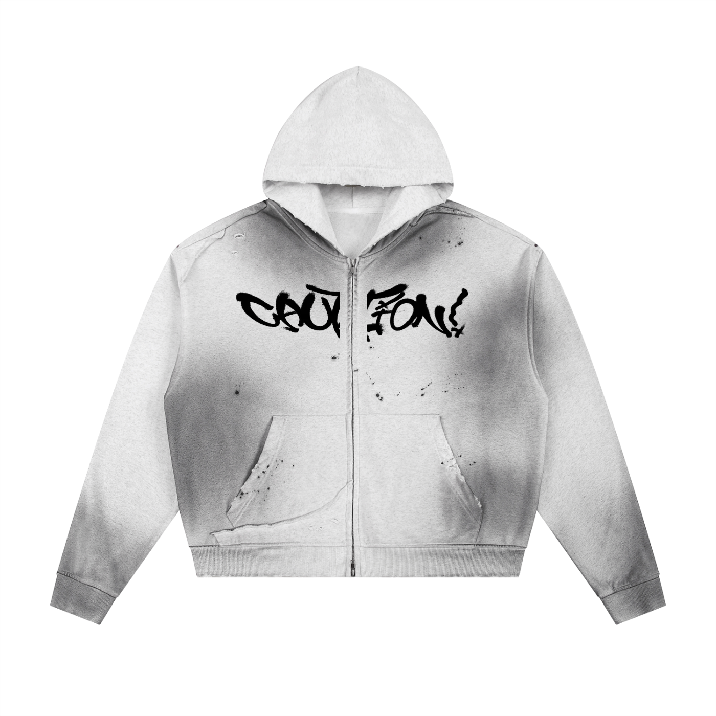 caution Sun Fade Frayed Raw Edge Fleece Zip Hoodie