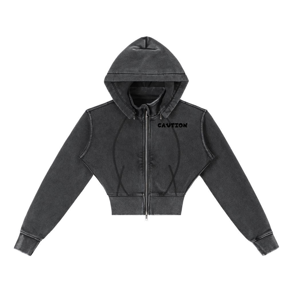 CAUTION Vintage Washed Cropped Fleece Hoodie