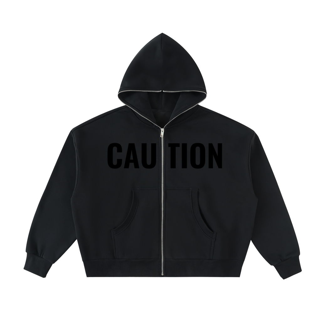CAUTION Fleeced Full-Zip Boxy Hoodie