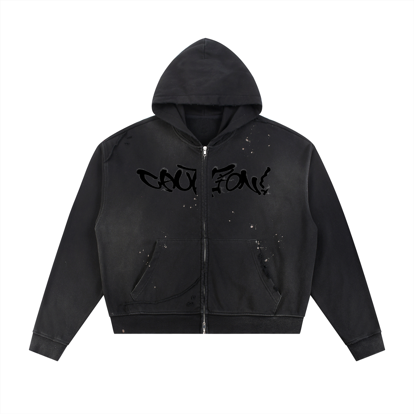 caution Sun Fade Frayed Raw Edge Fleece Zip Hoodie