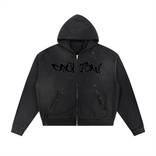 caution Sun Fade Frayed Raw Edge Fleece Zip Hoodie