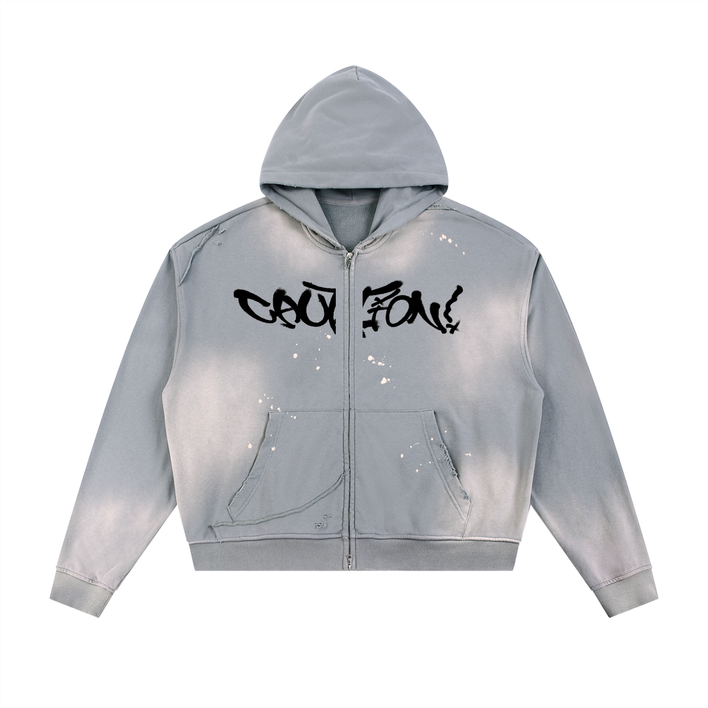 caution Sun Fade Frayed Raw Edge Fleece Zip Hoodie
